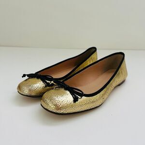 J. CREW Franklin Crackled Gold Leather Ballet Flats WIth Black Trim - US 6.5